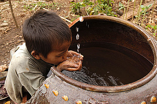 种族,孩子,饮料,水,竹子,乡村,南方,下巴,缅甸