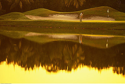 男人,打高尔夫,反射,水上,日落