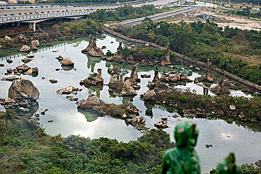 远眺,装饰,岩石花园,塔,佛教寺庙,汕头,中国