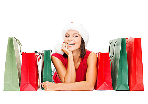 销售,圣诞节,圣诞,概念,微笑,女人,红色,衬衫,圣诞老人,帽子,购物袋