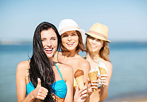 暑假,度假,女孩,比基尼,冰淇淋,海滩