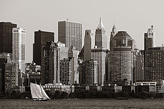 曼哈顿,市区,天际线,城市,摩天大楼,上方,哈得逊河