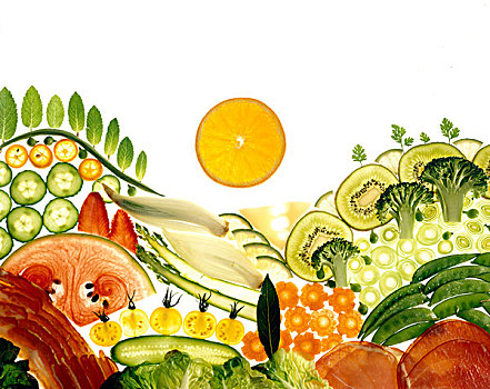 猕猴桃,花椰菜,西葫芦,月桂叶,橙色