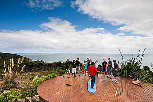 学生,学习,冲浪,悬崖,住宿,远眺,海岸线,新西兰