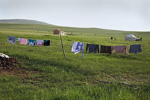 洗衣服,栅栏,房子,蒙古包,内蒙古,中国