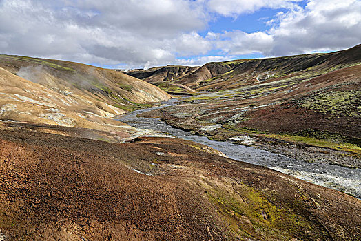冰岛,流纹岩,山,河,温泉,蒸汽,高,温度