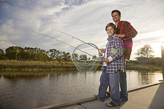肖像,高兴,儿子,父亲,钓鱼,河