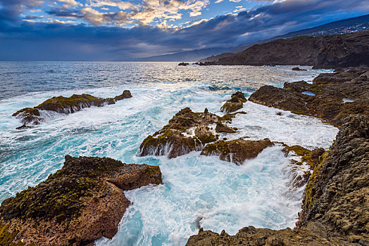 火山岩,岩石海岸,黎明,特内里费岛,加纳利群岛,西班牙