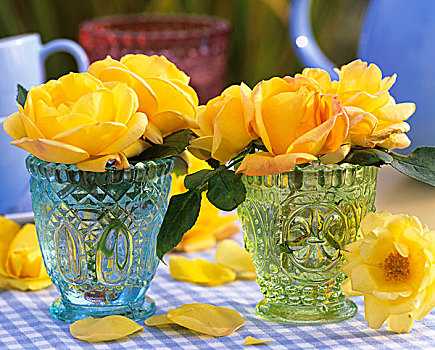 黄色,玫瑰,蓝色,绿色,切削,玻璃花瓶