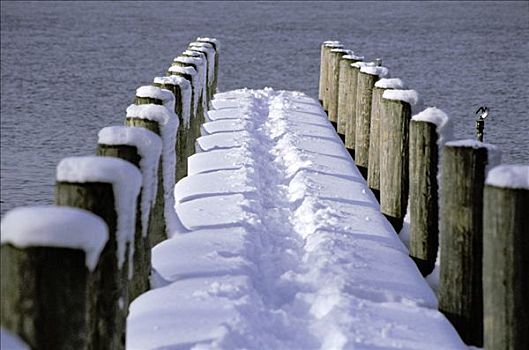 积雪,码头,湖,女人岛,基姆湖,德国