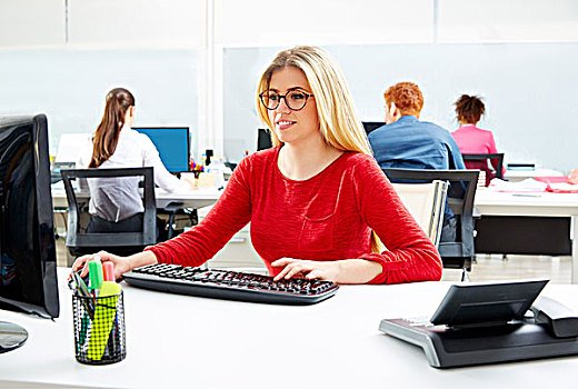 金发,玻璃,职业女性,办公室,电脑,书桌