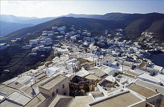 乡村,希腊,欧洲,岛屿,基克拉迪群岛,全景,山峦,屋顶平台,白房子,风景,平台