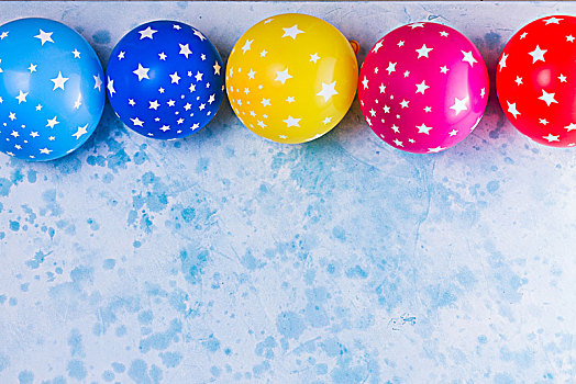 鲜明,彩色,节庆,聚会,场景,气球,蓝色背景,桌子,风格,生日,边界,留白
