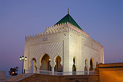 泛光灯照明,陵墓,国王,穆罕默德,蓝色,钟点,拉巴特,摩洛哥,非洲