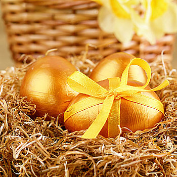 金色,复活节彩蛋,蝴蝶结,鸟窝