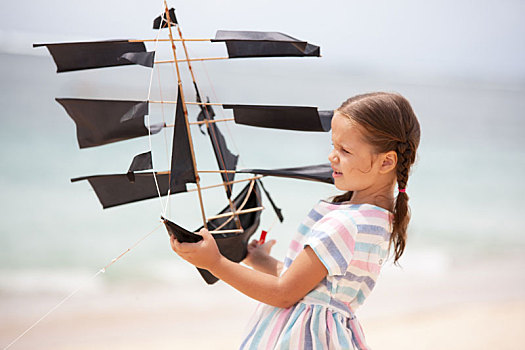 女孩,玩,海滩,飞,船,风筝,孩子,享受,夏天