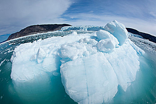 格陵兰,伊路利萨特,鱼眼镜头,融化,冰山,冰河,迪斯科湾,夏天,早晨