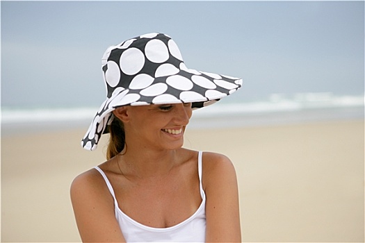 头像,微笑,女人,穿,帽子,海边