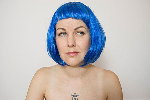 女人,穿,蓝色,假发