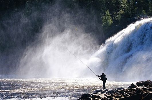 一个,男人,钓鱼,瀑布