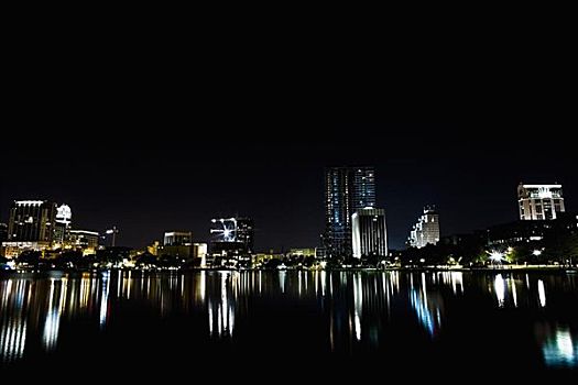 反射,建筑,湖,夜晚,奥兰多,佛罗里达,美国