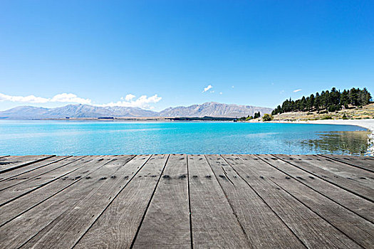 老,木地板,风景,湖,夏天,新西兰