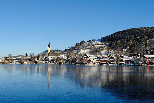 湖,教堂,冬天,上巴伐利亚,巴伐利亚,德国,欧洲