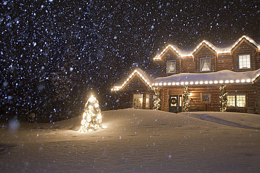 原木,家,装饰,圣诞灯光,雪,落下,上方,阿拉斯加