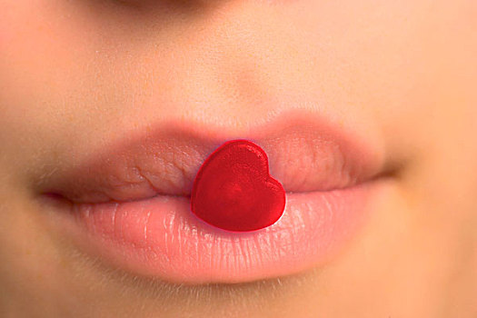 红色,心形,糖果,困住,特写,嘴唇