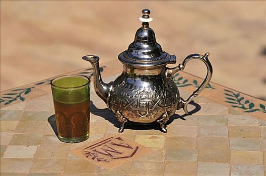 银,茶壶,玻璃茶杯,薄荷茶,花园,玛拉喀什,摩洛哥,非洲