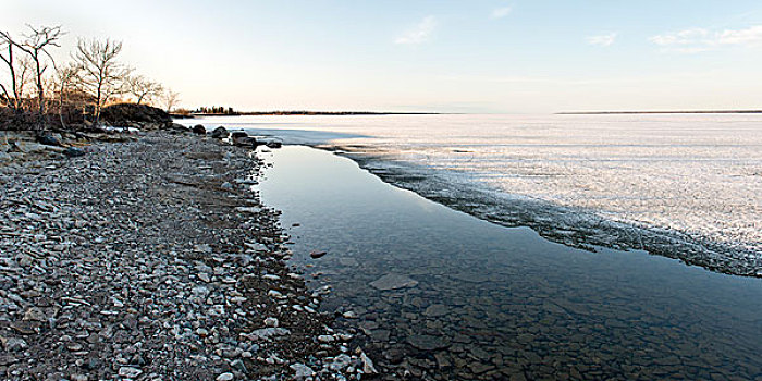 海岸线,冰冻,湖,冬天,温尼伯湖,赫克拉火山磨石省立公园,曼尼托巴,加拿大