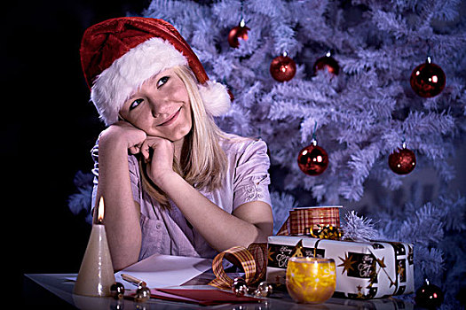 女孩,圣诞帽,文字,圣诞节,邮件,正面,圣诞树