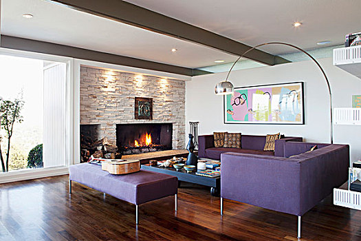 优雅,紫色,沙发,休闲沙发,区域,拱形,灯,舒适,明火,石墙