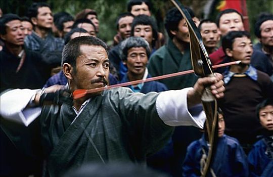 不丹,弓箭手,伸展,弓,瞄准,箭