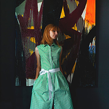 女人,绿色,夏裙,旁侧,现代,绘画
