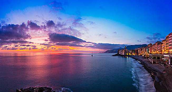 俯视图,海岸线,日落,卡莫利,利古里亚,意大利