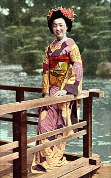 日本,旧式,京都,女人,肖像,穿,和服,神祠,花园