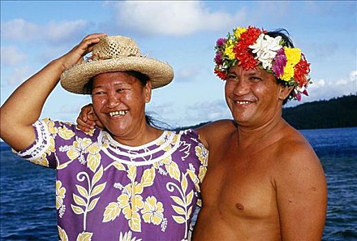 法属玻利尼西亚,老年,夫妻,男性,戴着,花,女性,帽子