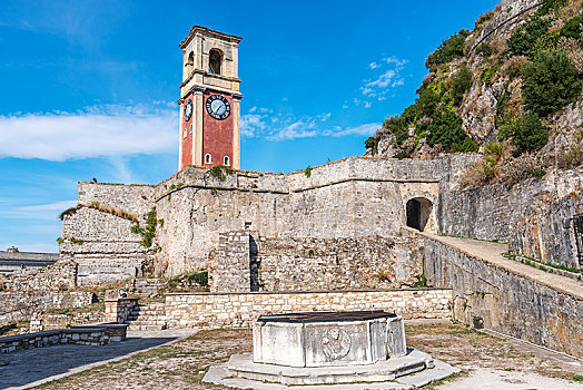 喷泉,钟楼,老,要塞,岛屿,科孚岛,爱奥尼亚群岛,希腊,欧洲