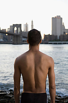 半裸,男人,看,河,曼哈顿