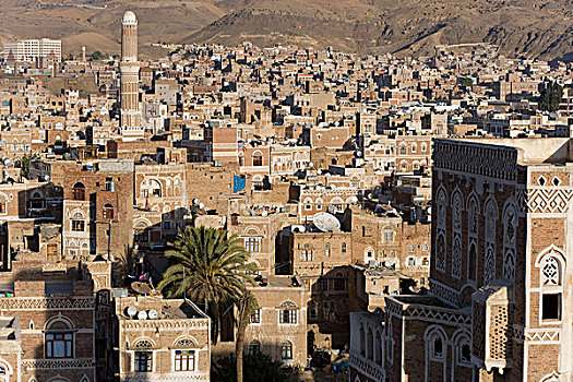 清真寺,塔,天际线,也门