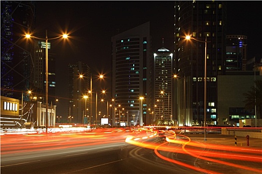 交通,夜晚,多哈,市区,卡塔尔