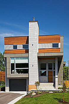 灰色,木碳,石头,雪松,木头,侧面,现代,立方体,风格,房屋外观,夏天,魁北克,加拿大