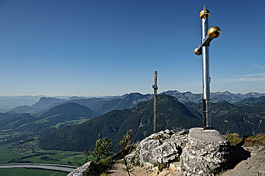 两个,顶峰,山,远眺,旅店,山谷,上巴伐利亚,德国,欧洲