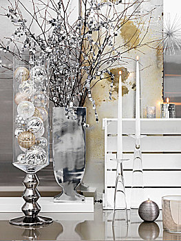 圣诞节饰物,玻璃器皿,银,花瓶,装饰,细枝,靠近,烛台