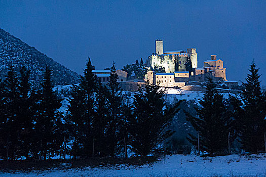城堡,冬天,夜晚,翁布里亚,意大利