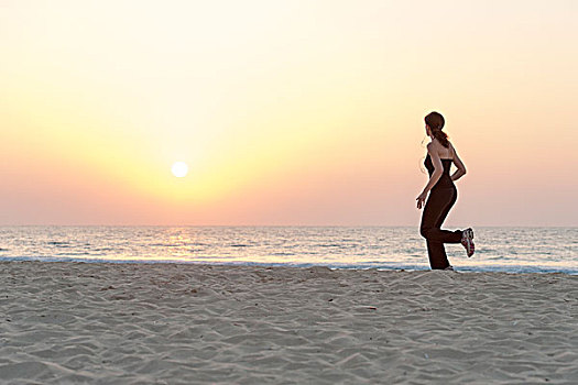 女人,慢跑,海滩,日出