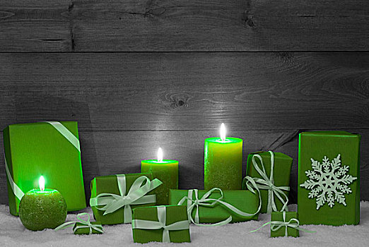 圣诞装饰,绿色,蜡烛,礼物,雪
