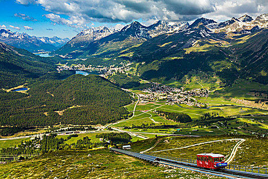 俯视,恩加丁,山谷,索道,铁路,向上,靠近,圣莫里茨,瑞士