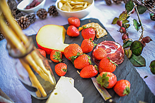 特写,草莓,奶酪,野餐桌